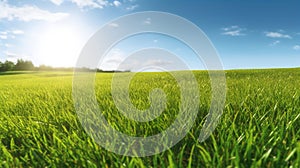 Illustration close up of a lush green grass lawn field against a blue summer’s sky.