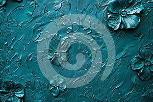 Closeup of embossed teal texture with oceaninspired floral patterns, creating an artistic and elegant background for design p