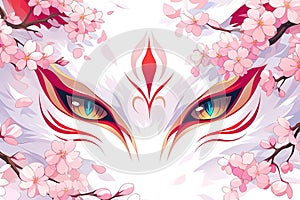 illustration of closeup eyes of japanese fox kitsune mask in pink sakura cherry flowers