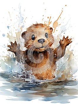 Illustration of a closeup of a friendly otter in the water looking forward