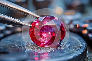 Closeup of redpink ovalshaped garnet stone being held by precision instruments and small tools, with professional lighting an