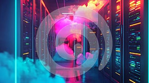 An illustration of cloud computing and computer networking: blue skies and clouds in the distance