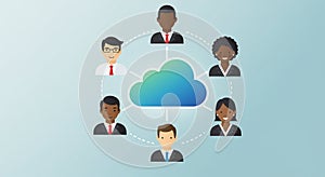 Illustration of a cloud computing concept with a central blue-green cloud icon