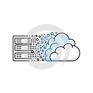 Illustration of a cloud computing concept, featuring a data server on the left