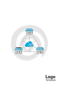 Illustration of a cloud computing concept with three small store