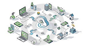 An illustration of cloud computing and data transfer between devices and buildings