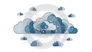 An illustration of a cloud computing network with interconnected blue and white clouds