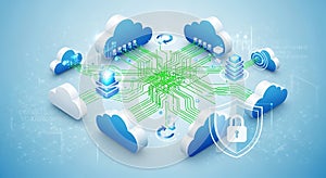 Illustration of cloud computing network with servers and security shield on a light blue background