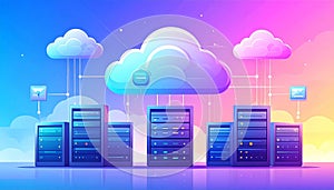 Illustration of cloud computing network with servers and cloud storage on gradient background