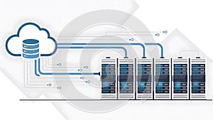 Cloud Computing Data Storage System Connected to Server Rack Infrastructure Technology Concept