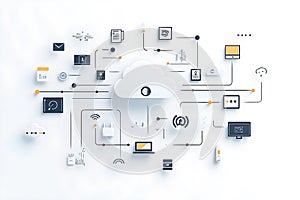 Cloud computing illustration with interconnected devices, showcasing data flow and digital communication, representing
