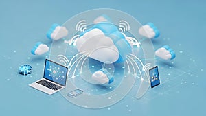Illustration of cloud computing with various devices connected to a cloud