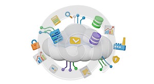 Cloud computing concept with data storage security and analytics icons isolated on a white background