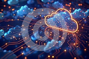 Cloud technology background with circuit board, blue color theme, glowing cloud icon on the right side, high resolution, flat ill