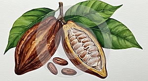 Illustration of a cocoa pod (Theobroma cacao) with one pod split open, revealing photo