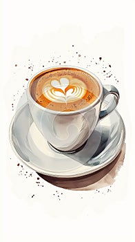 Illustration of coffee cup with latte art and splashes on white background