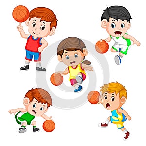 Collection of the basketball profesional children player with the different posing