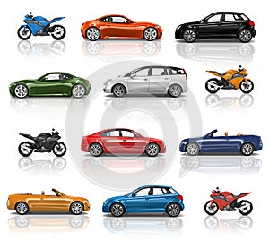 Illustration collection of cars and motorbikes