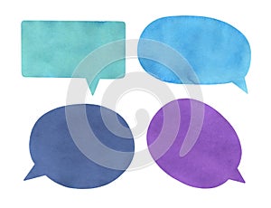 Illustration collection of four watercolour speech balloons of various color and shapes.