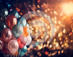 Illustration of collection of glossy balloons in various colors gleam against a backdrop of golden bokeh lights, creating a