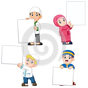 collection of moslem people holding big blank sign photo