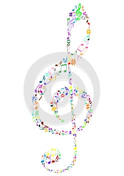 Illustration of a colored G clef with music notes