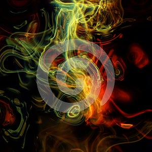 Illustration of colored smoke on a black background.