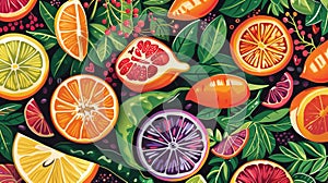Illustration of colorful, assorted sliced fruits and vegetables. AI Generated