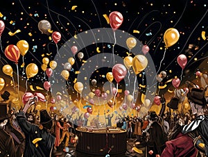 Illustration, colorful balloons and a cheering crowd. New Year\'s fun and festiv