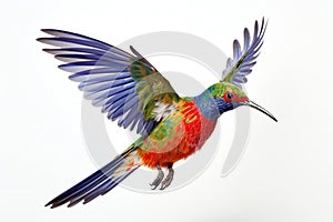 Colorful bird in flight isolated on white background,  Studio shot