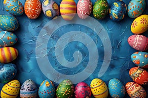 Colorful easter eggs on a blue background with space for text at the top. a border of colorful easter eggs frames the flat la