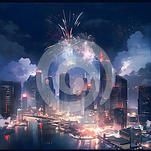 Illustration: colorful fireworks, explosions in the night sky, with city skyscrapers and a lake all around. New Year\'s fu