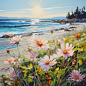 Illustration of colorful flowers on a sandy beach by the water with waves. Flowering flowers, a symbol of spring, new life