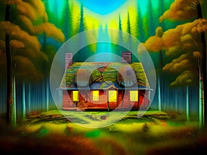 Illustration of a colorful forest hut