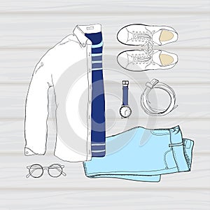 Illustration of colorful Hand drawn and doodle of top view, flat lay folded shirt with t-shirt, trousers, shoes
