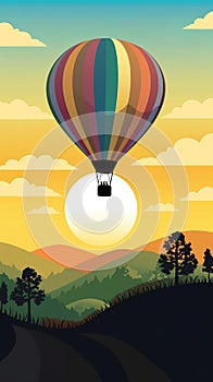 Illustration of colorful hot air balloon ascending into the sky at sunrise.
