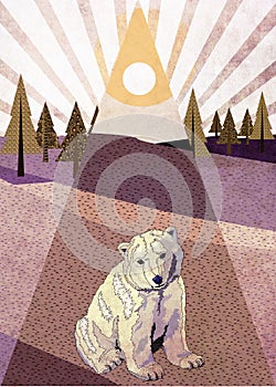Illustration of a colorful media mix of a small polar bear in a landscape in warm colors.