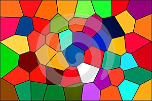 Illustration of a colorful mosaic of polyhedral figures.