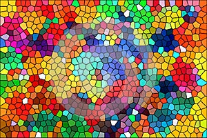 Illustration of a colorful mosaic of polyhedral figures.