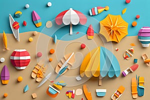 illustration of colorful paper cut summer beach atributes toys on the sea and sand background, Generative AI