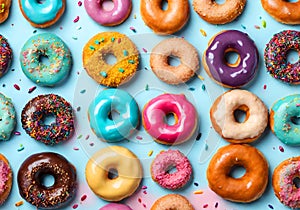 Illustration of colorful set of donuts on blue background.