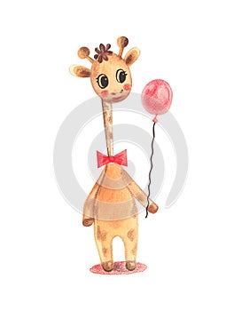 Illustration of a colorful watercolor animal character giraffe standing and holding a balloon on a isolated background.