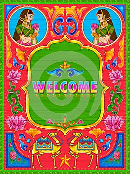 Colorful welcome banner in truck art kitsch style of India