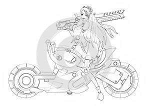Illustration: Coloring Book Series: The Beautiful Bounty Hunter and Her Motorcycle. Soft thin line. photo