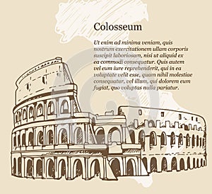 Illustration of Colosseum Coliseum, Rome, Italy. Travel background in old vintage style