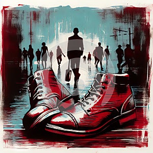 illustration comic book vintage, boots duotone in the street people in a hurry passing by