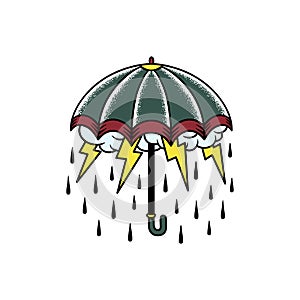 Illustration of Comic style umbrella rainy cloud lighting