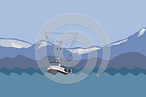 Illustration of Commercial fishing trawler in Southeast Alaska