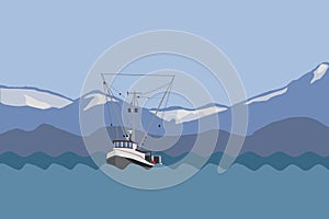 Illustration of Commercial fishing trawler in Southeast Alaska photo