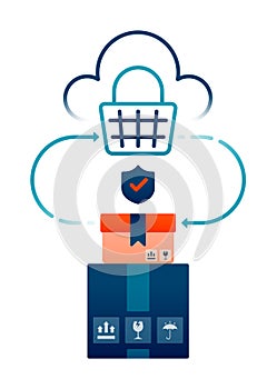 illustration of communication between shopping cart and package box protected by security and data protection in cloud. Design can